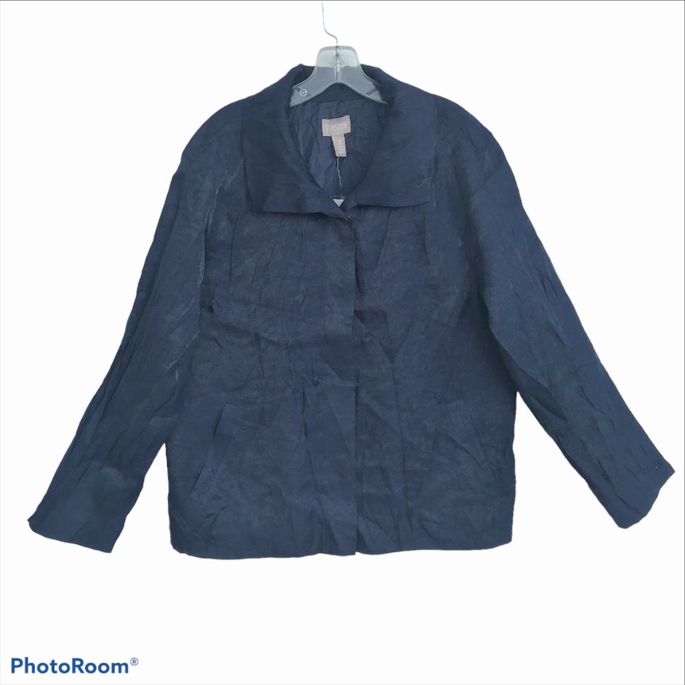 CHICOS 3 Womens XL Dark Blue Long Sleeve Top Hidden Button Front Collared